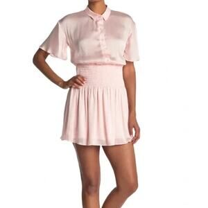 Sage Collective 10 Smocked Waist Mini Shift Dress Pink Blush Satin Flared Sleeve